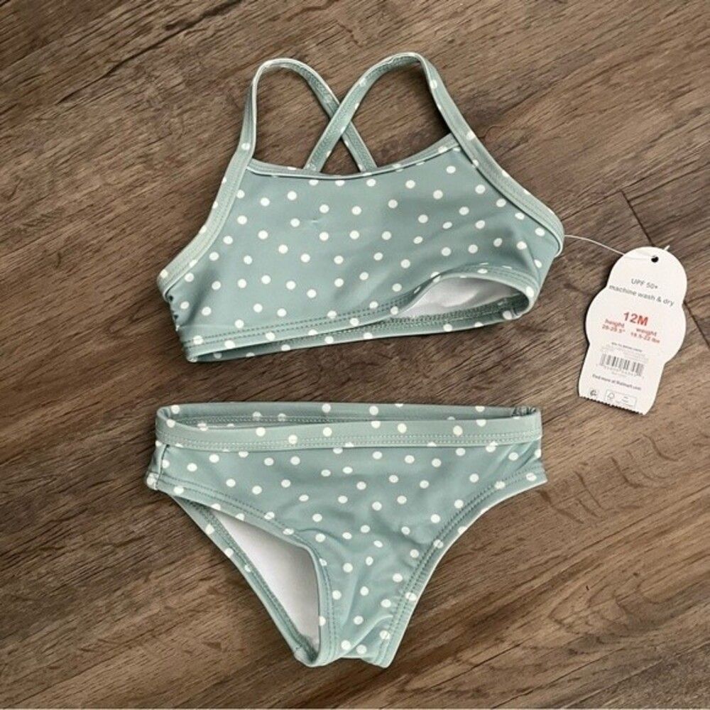 NWT Wonder Nation Baby Girl 2pc Bikini Size 12M Green Polka Dot Retro - Picture 4 of 6